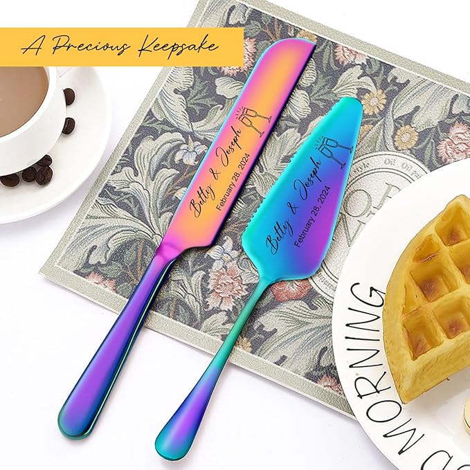 Personalized Wedding Cake Knife and Server Set Stainless Steel Forks Cake Cutter Server Engraved Cake Cutting Set for Wedding Anniversary Engagement Birthday Gifts