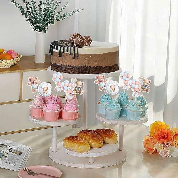 Gyufise 32Pcs Baby Shower Bear Cupcake Toppers Moon Baby Bear Baby Shower Cake Topper Decorations Jungle Animal Theme Birthday Party Cake Supplies Blue