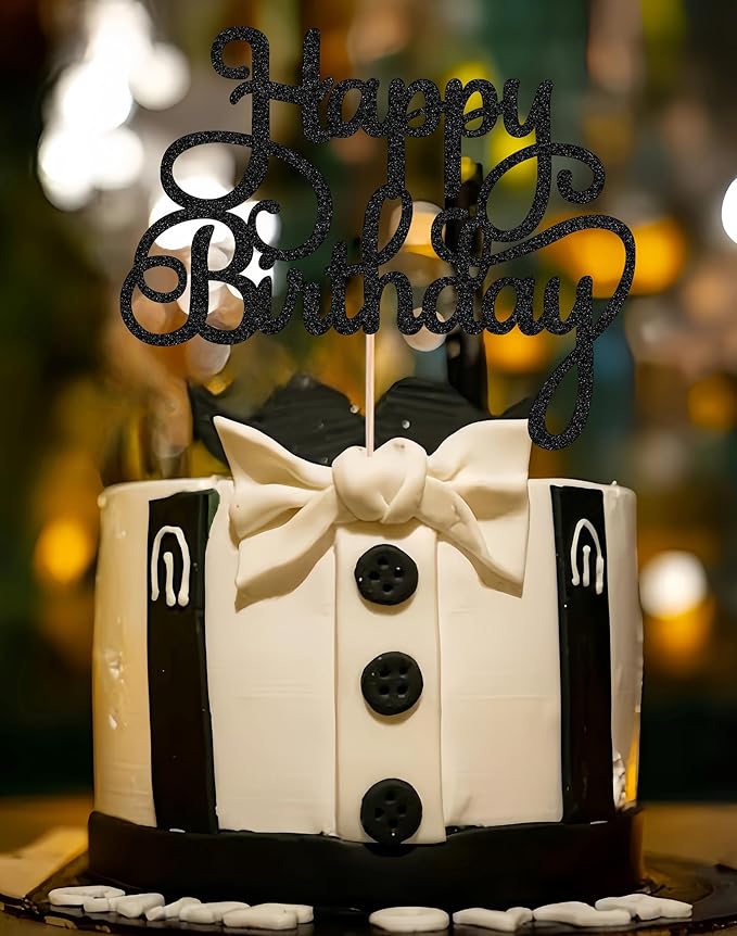 Happy Birthday Cake Topper - Black Glitter Birthday Party Cake Decoration Supplies - Happy Birthday Cake Decor, for Anniversary/Birthday Party Supplies Photo Booth Props