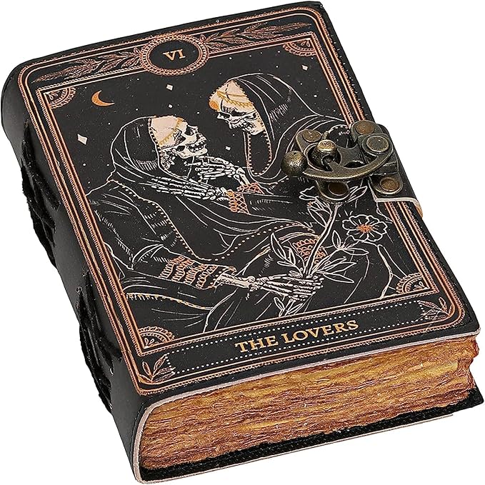 C CUERO Book of Spells Leather Journal Deckle Edge Paper Grimoire Printed Journal The Lovers Tarot Notebook Spiral Gothic Notebook Skull lover Antique Vintage Leather Journals for Men and Womens 10