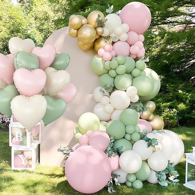 Pink Green White Heart Balloons,12Pcs 18Inch Cream White Baby Pink Sage Green Heart Shaped Foil Helium Balloons for Baby Shower Birthday Anniversary Wedding Engagement Party Decorations