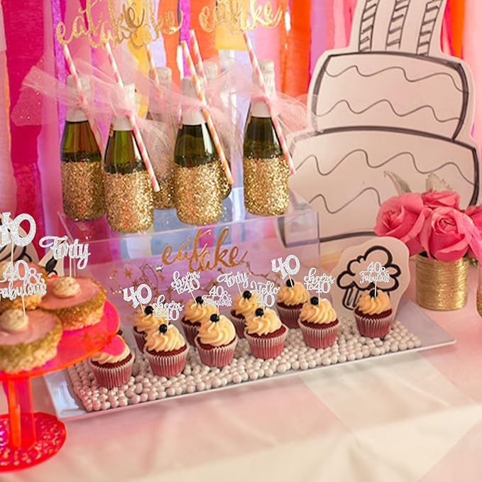 30pcs Happy 40th Birthday Cupcake Toppers - Silver Glitter Forty Cheers to 40 Years Old Cupcake Picks for Anniversary Party Cake Decorations