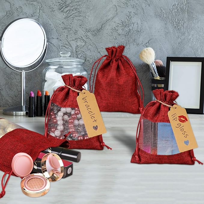 GIOIPC 50Pcs 5 x 7 Inch Linen Burlap Sheer Bags with Drawstring and Bonus Gift Tags for Wedding Birthday Bag,Craft Bags,Cosmetic Samples