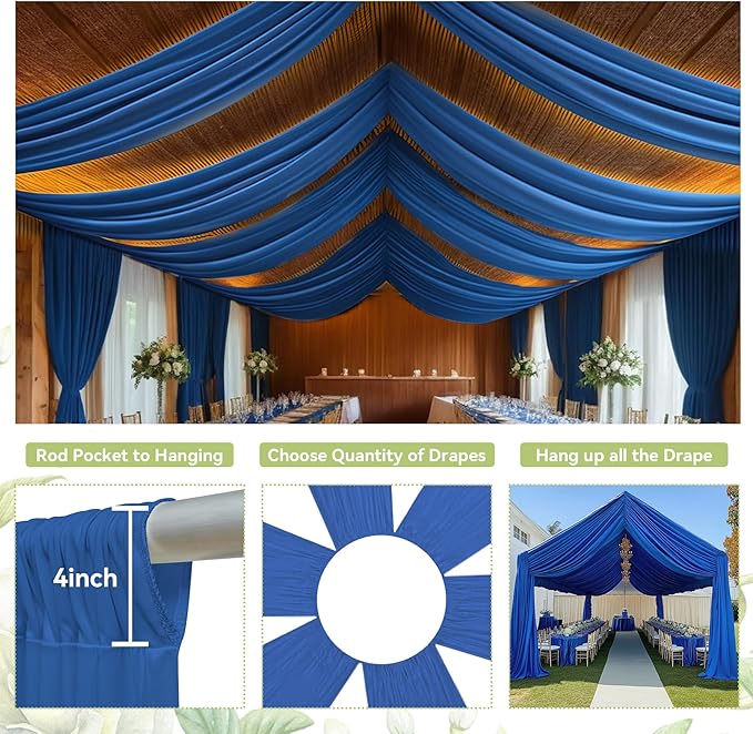 PartyVillage 2 Panels 5ftx30ft Royal Blue Ceiling Drapes for Wedding Parties – 30 FT Extra Long Thick Polyester Wrinkle-Free Drapery Tent Decor Decorations for Birthday Party Ceremony Stage Swag