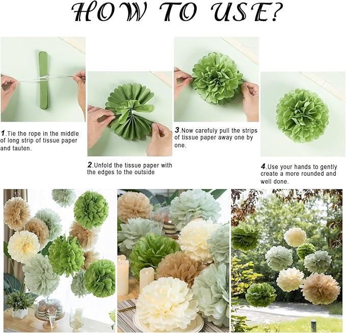 Olive Sage Green Tissue Paper Pom Poms Safari Jungle Party Decorations Paper Flowers Decorations Natural Green Boho Hanging Décor for Birthday Baby Shower Bridal Wedding Party Supplies
