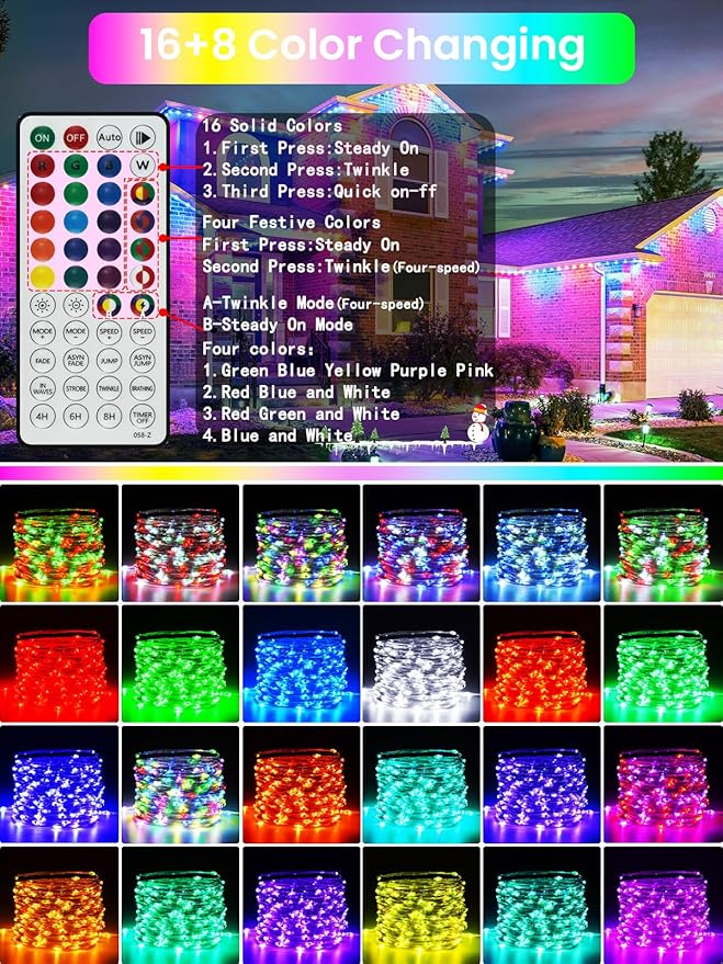 66Ft 200 LED RGB Color Changing Halloween Fairy Lights Plug in, Waterproof String Lights with Remote for Outdoor & Indoor, 24 Colors Twinkle Lights with Timer for Girl's Room Christmas Decorations