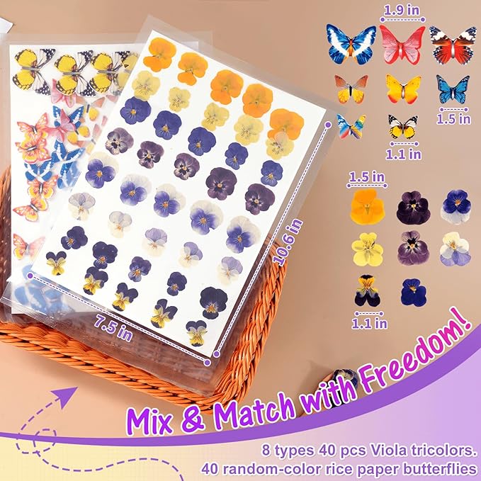 80 Pcs 8 Kinds Natural Real Dried Pressed Edible Flowers & Edible Butterflies for Cake Topper Decorating - Mix Viola Tricolor for Cupcake Toppers, Cocktails, Resin Jewelry Making, DIY Art Crafts