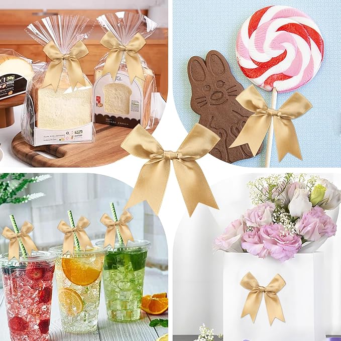 Feluwi Golden Gift Wrap Bows (50 Pcs) - 3.3 Inch Elegant Plastic-Free Bows for Christmas Gifts, Birthday Presents, Wedding Friendly Party Supplies, Baby Shower, Gift Bags Decorative Accessories