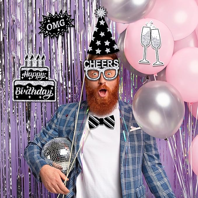 36 PCS Birthday Photo Booth Props Party Supplies Holiday Picture Decorations Photo Booth Props for Birthday Party Favors Pose Sign Kit Fun for Party (Silver and Black)