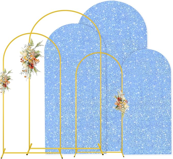MODFUNS Metal Arch Backdrop Stand and Cover Set 4&5&6ft Light Blue Sequins Arch Backdrop Cover Set of 3 Balloon Arch Frame Romantic Arch Stand with Covers for Wedding Birthday Party Decoration
