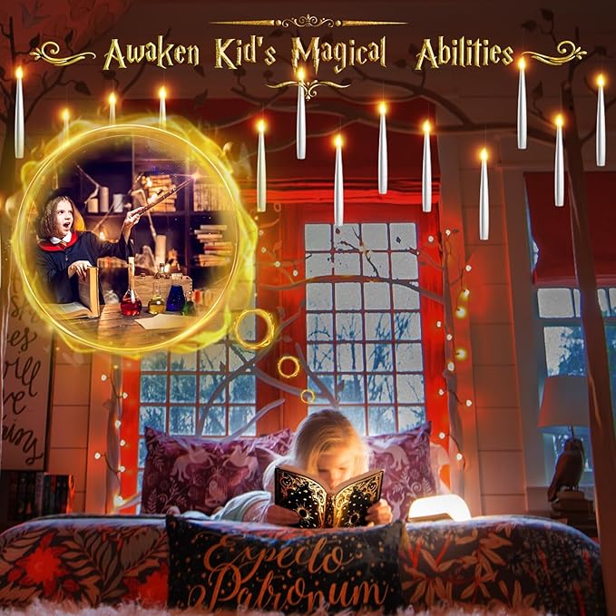 Halloween Floating Candles 18 Pcs - Magical Flameless Candles with Wand Flickering Warm Lights Ideal for Indoor Window Bedroom Halloween Cosplay Birthday Theme Party Decor