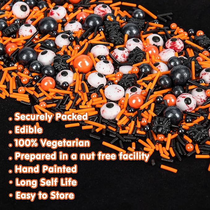 Halloween Terrifying Sprinkles,Candy Bloody Eyeballs,Orange Pearls Black Spider Sprinkle Edible Jimmies Mix,Perfect for Cake Decorations, Baking, Ice Cream, Cookies, Cupcake Topper,Halloween Supplies Children's Party,130g/4.58ounce