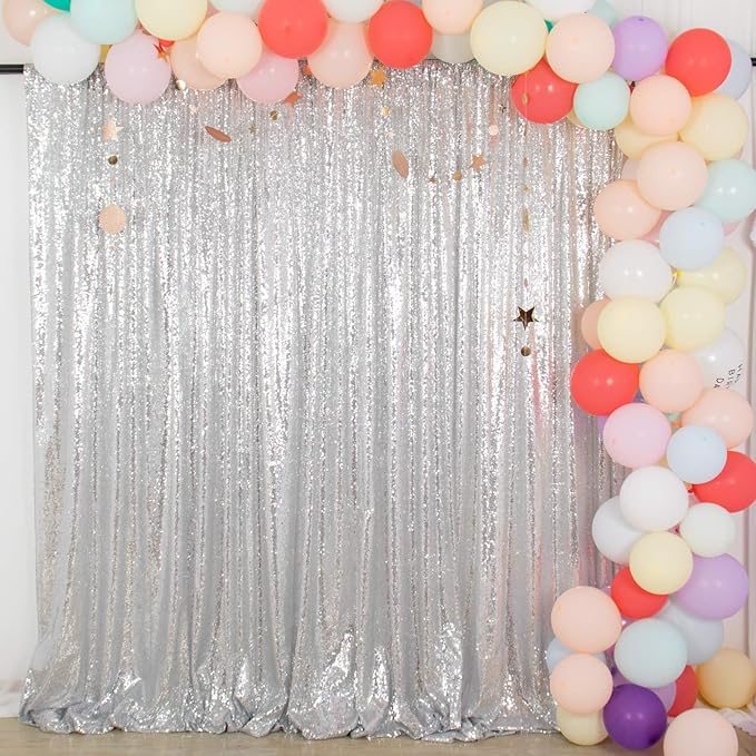 ShinyBeauty Silver Sequin Backdrop 2 Pieces, Photograph Background 7FTx7FT Shiny Gray Backdrop Curtains Panels Sparkly Backdrops Glitter Drapes for Weddding,Parties,Studio,Photo Decor（14FTx7FT）