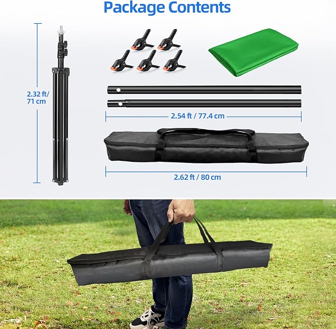 HEMMOTOP 7x5 ft Green Screen Stand Kit, 6.5x5 ft Green Screen Backdrop with Stand for Streaming, Gaming, Zoom, Portable Greenscreen Background Kit with Clips & Carrying Case
