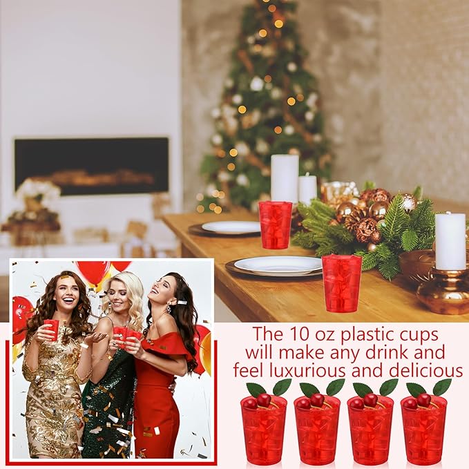 Minatee 100 Count Plastic Cups Disposable Fancy Cups Heavy Duty Wine Cocktail Glasses for Halloween Wedding Christmas Birthday Party Supplies Plastic Drinking Tumblers(Red,10 oz)