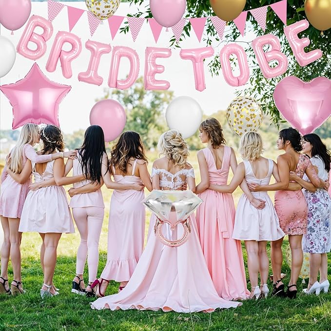 Pink and Gold Bachelorette Party Decorations, Pink Bride To Be Bridal Shower Balloons Decorations, Pink Gold Confetti Balloons with Diamond Ring Star Heart Balloon for Bachelorette Engagement Wedding