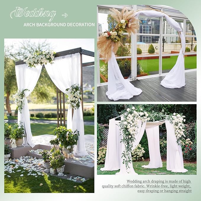 4 Panels White Polyester Wedding Arch Draping Fabric, 28x20 feet Each, Sheer Chiffon Curtain Arbor Drapery Ceiling Drapes for Party Decor
