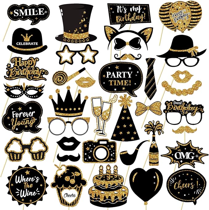 Birthday Photo Booth Props Kit - 38Pcs Funny Pose Signs, Selfie Photobooth Decor for Birthday Party, Men Women