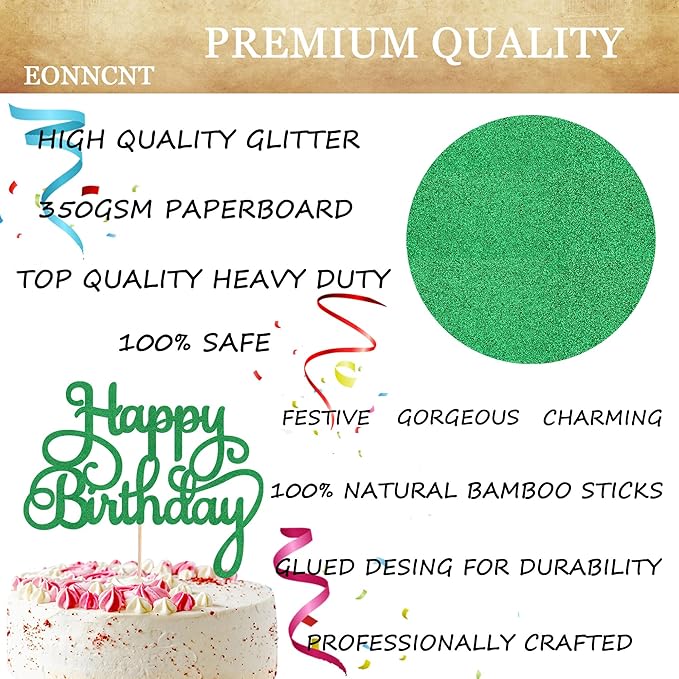 Happy Birthday Cake Topper - Green Glitter Birthday Party Cake Decoration Supplies - Happy Birthday Cake Decor, for Anniversary/Birthday Party Supplies Photo Booth Props