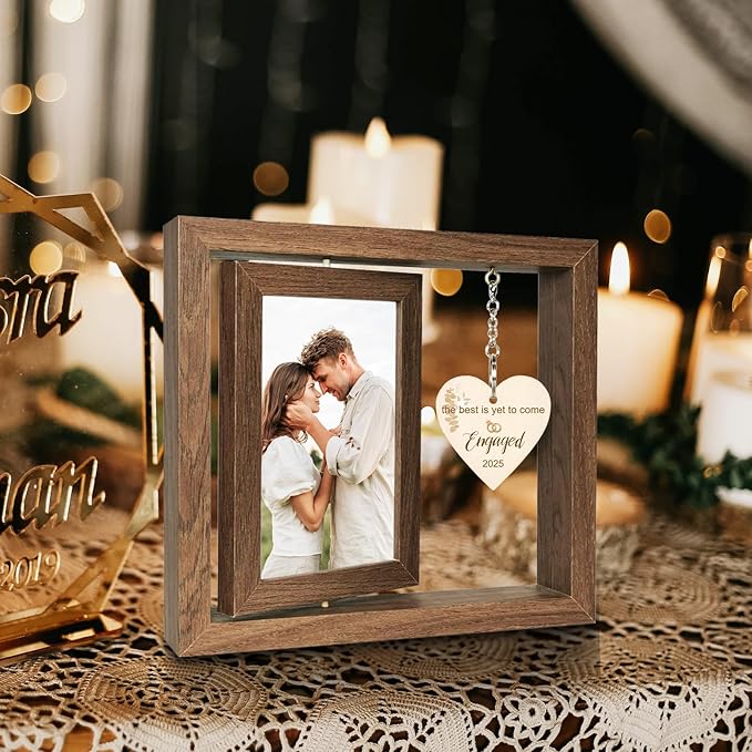 Rotating Engagement Picture Frame - Engagement Gifts for Couples, Holds Two 4x6 Photos, Real Glass Cover, Rustic Wooden Design with Heart Pendant, Gift-Ready Packaging