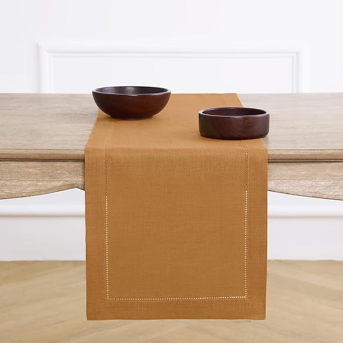 Solino Home Linen Brown Sugar Table Runner 132 Inches Long - 100% Pure Linen Extra Long Table Runner 14 x 132 Inch for Fall, Autumn, Thanksgiving - Classic Hemstitch