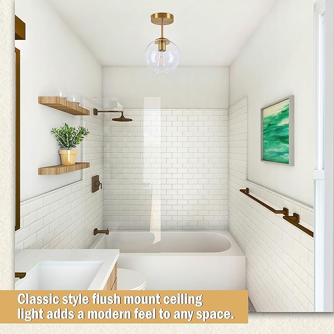 Gold Semi Flush Mount Ceiling Light Fixture with Clear Glass Light Fixture Mid Century Light Fixtures Gold Semi Flush Ceiling Light Fixtures for Dining Room Kitchen Island (Bulb Incl)