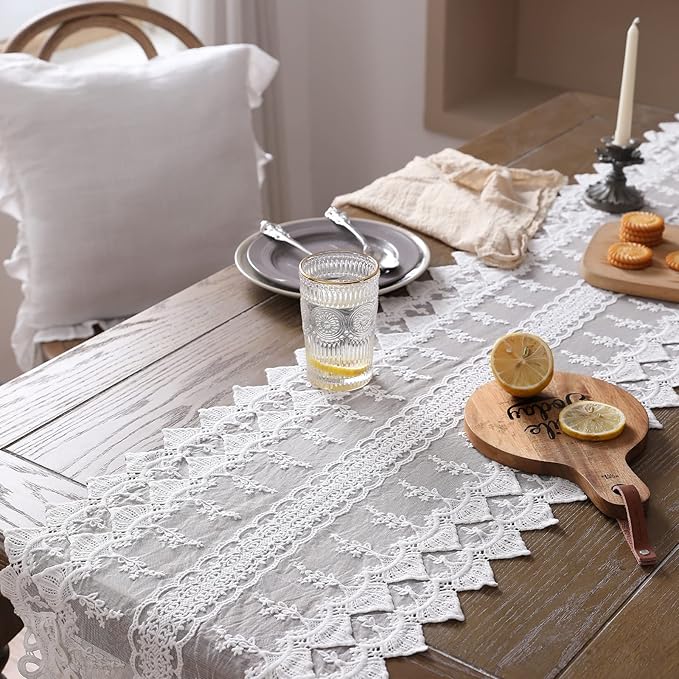 patdrea Designer Vintage White Lace Table Runner,Crochet Decorative Table Covers,Chiffon Embroidered Tasseled Table Runners, Cutwork Dresser Runners,Christmas Wedding Party Bridal 16x63 Inches Long