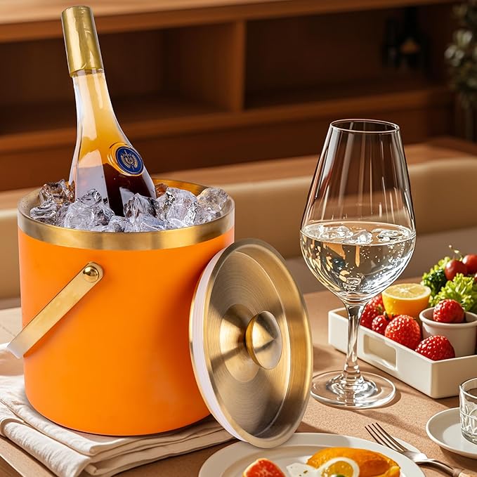 3L Double Wall Insulated Stainless Steel Ice Bucket with Strainer for Cocktail Bar,Metal Ice Bucket for freezer with Lid for parties.ice Container to Keep Ice Colder,bar cart accessories(Orange)