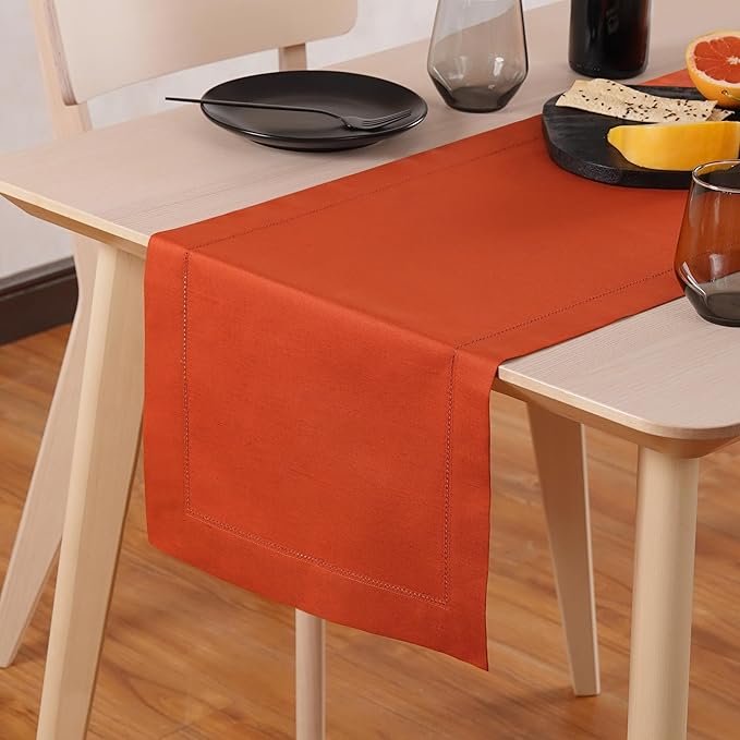 Pumpkin Table Runner 48 Inch– Cotton Linen Hemstitch Farmhouse Table Runner 14x48 – Washable Fabric for Dining, Fall, Halloween, Thanksgiving, Spring, Summer, Wedding, Everyday Décor– Serena