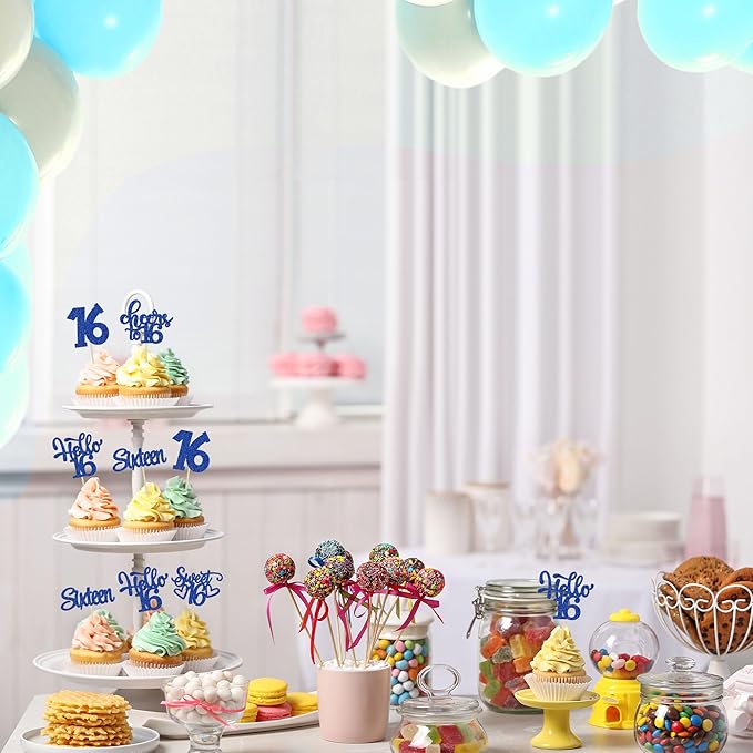 30pcs 16th Birthday Cupcake Toppers - Sixteen Happy 16th Cupcake Picks - Cheers to Sweet 16 Cake Decorations - Deep Blue Glitter