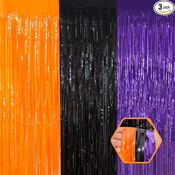 3 Pack Orange Purple Black Tinsel Foil Fringe Curtains, Halloween Photo Backdrop Streamers for Birthday Anniversary Party Decoration