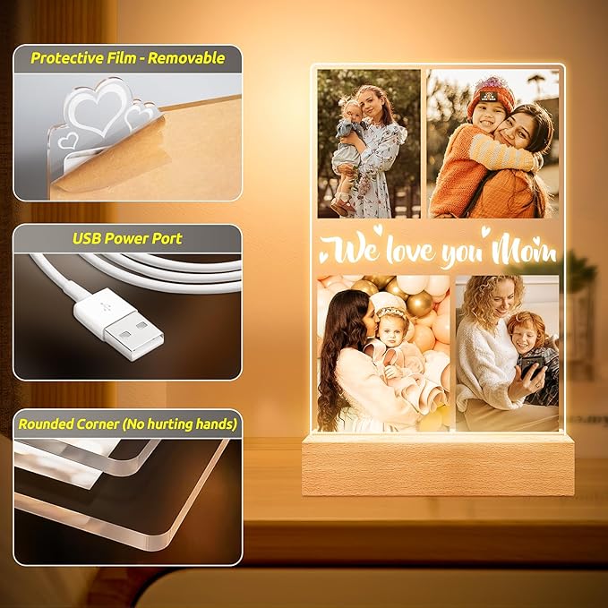 Personalized Picture Frame with Night Light, Customized Photo Frame with Photos, Customized Photo Gifts for Mom Girls Boys, Personalized Birthday Gifts for Mom, Kids, Baby, Family
