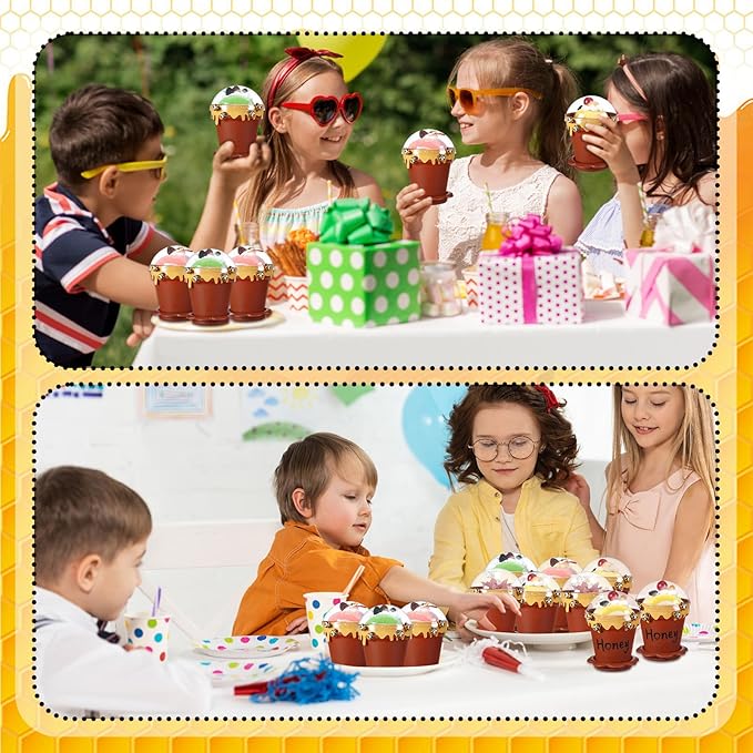 60 Sets Mini Honey Bee Pots with Lids, Spoon, Saucers and Bee Charms, 6.76 OZ Plastic Honey Jars for Cupcake Dessert Themed Party Favor Planter Baby Shower Birthday Wedding Decoration (Brown)