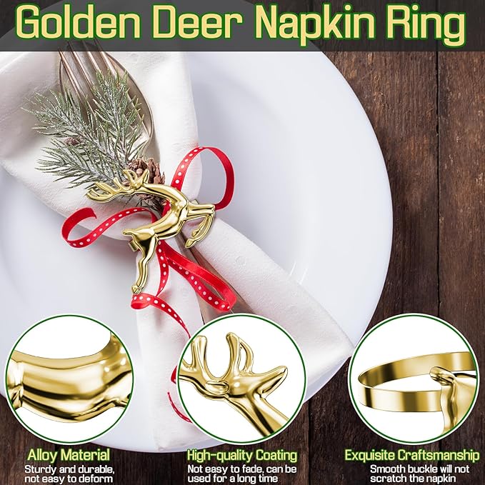 ZeeDix Gold Reindeer Christmas Napkin Rings Set of 12, Napkin Holder Ring for Christmas Dinner Table Decor Cloth Napkins, Wedding Receptions, Holiday Party, Banquet and Home Kitchen