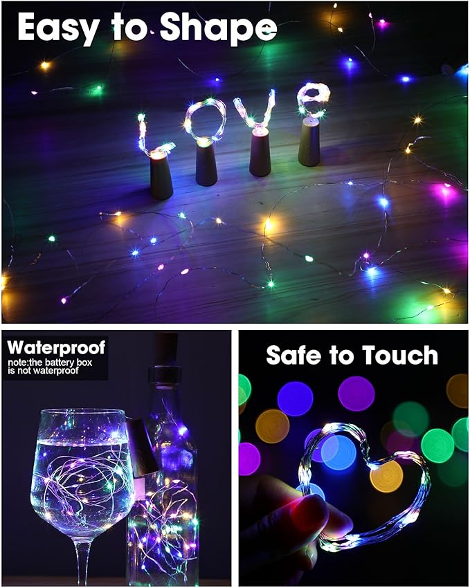 Hortsun 60 Pack Wine Bottle Lights with Cork Fairy Mini String Lights Battery Operated Mini Waterproof 7 ft Silver Wire 20 Led Cork Shape for Christmas, DIY, Party, Decor, Wedding, Bar (Multicolor)