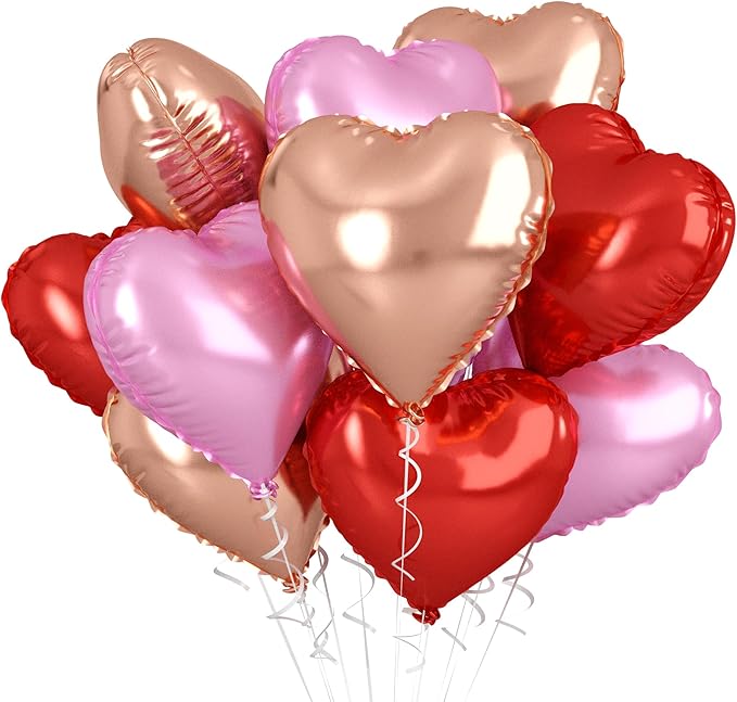 Rose Gold & Pink Heart Balloons - 10 Pcs 18 Inch Foil Heart Shaped Balloons for Girls Women - Red Light - Valentines Day, Birthday, Wedding, Baby Shower, Bridal Party Decorations