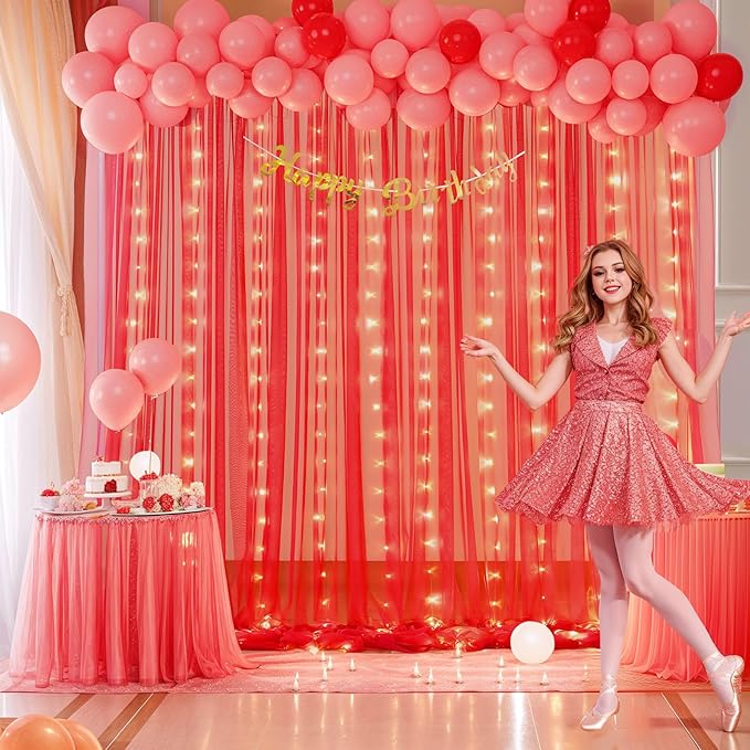Red Tulle Backdrop Curtain with Lights String for Parites 10x8ft Red Sheer Backdrop Curtains Drapes for Birthday Party Bridal Shower Baby Shower Christmas Wall Photo Booth Background Decorations
