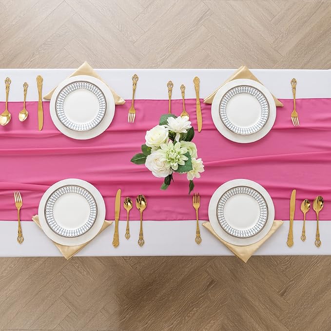 6Pack 9ft Chiffon Table Runner 14x108 Inch Sheer Romantic Table Runner for Wedding Birthday Party Bridal Shower Outdoor Decoration-Fuchsia