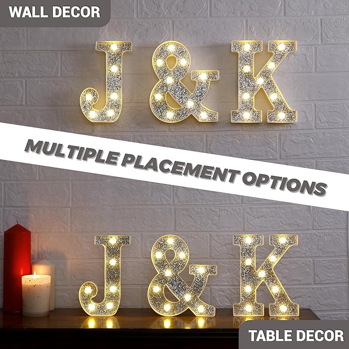Marquee Light Up Letters, Glitter Silver LED Letter Lights Battery Powered Alphabet Letter Sign for Night Light Wedding Birthday Party Cafe Bar Decoration Girls Room Decor - E