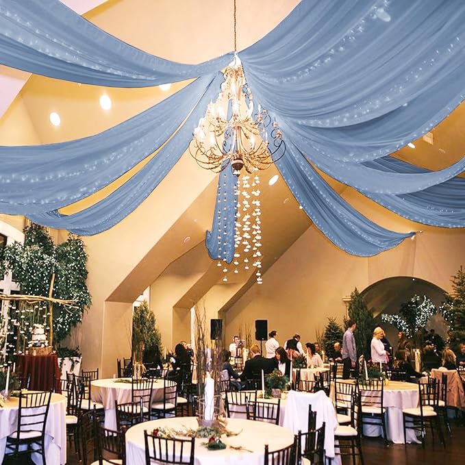 6 Panels Dusty Blue Ceiling Drapes for Wedding 5ftx10ft Chiffon Fabric Arch Draping Curtains Sheer Drapery for Party Ceremony Birthday Baby Shower Reception Stage Swag Ceiling Decorations
