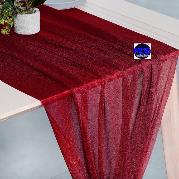 MDS 5 Pack 10ft Chiffon Table Runner 29 x 120 Inches Sheer Wedding Runner Romantic Rustic Table Runner for Wedding Decorations, Birthday Parties, Bridal Shower Party Arch Decor - Apple red