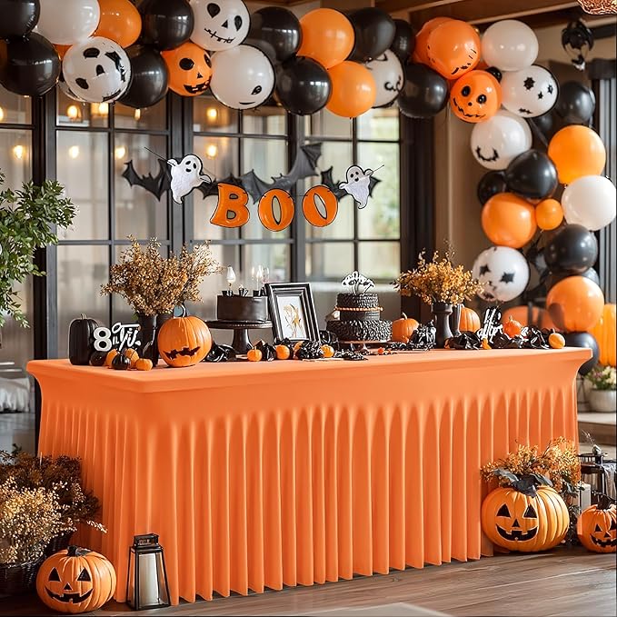 Wish Care 2 Pack Orange Spandex Table Clothes for 8 Foot Rectangle Tables, 8FT Wrinkle Free Fitted Tablecloths Ruffles Design Table Cover for Party, Banquet, Wedding and Events