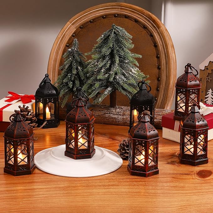 LLQ 8Pack Mini Lantern Decorative for Halloween Christmas & Wedding, Small Vintage Moroccan Lantern with Flickering LED Candle for Table Centerpieces, Enchanted Forest Medieval Decor, Hanging Ornament