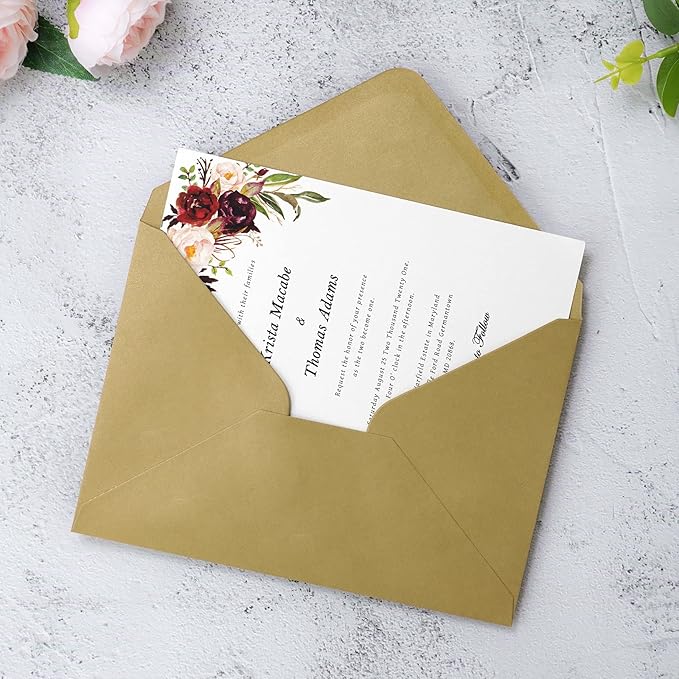 PONATIA 50 PACK A7 Envelopes, 5.25 x 7.5'' Dark Gold Shiny Envelopes For 5x7 Weddings Invitation Cards, Graduation Invite, Acrylic Invitations, Photos…