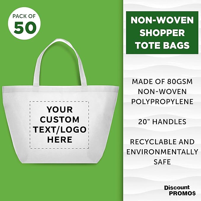DISCOUNT PROMOS Custom Southern Style Grocery Tote Bags Set of 50 - Personalized Bulk Pack, Reusable Grocery & Shopping Bags - Great for Travel, Carry on Bag, Business Promotions - White - 20"X13"X8"