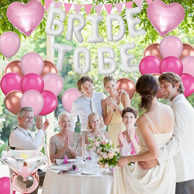 Pink White Bachelorette Party Decorations, White Bride To Be Bridal Shower Balloons Decorations, Hot Pink Rose Gold Balloons with Diamond Ring Cream Heart Balloons for Bachelorette Engagement Wedding