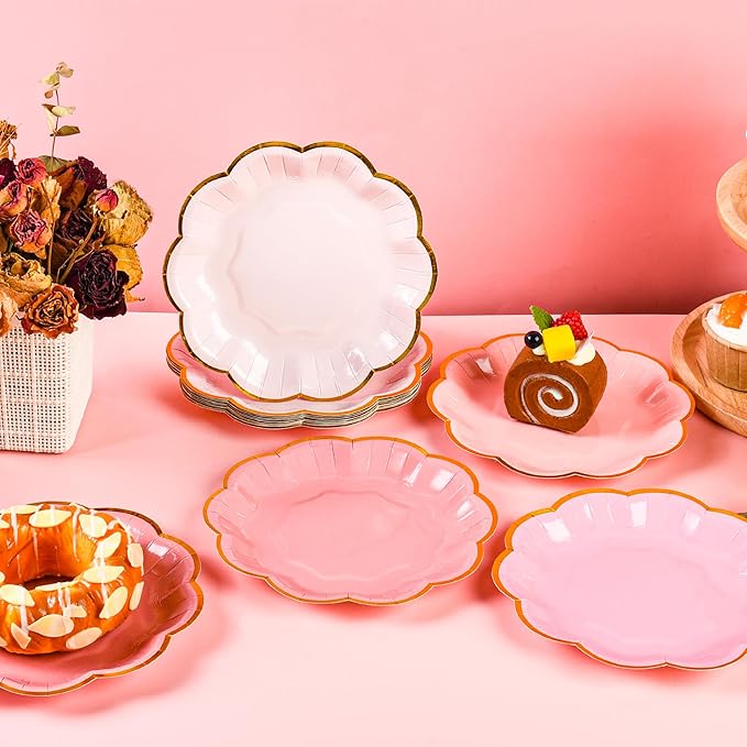 Pink Party Plates Gradient Pink Dessert Paper Plates 7inch Gold Foil Scalloped Edge Disposable Cake Plates for Tea Party Birthday Bridal Baby Shower Wedding Party Supplies (48)