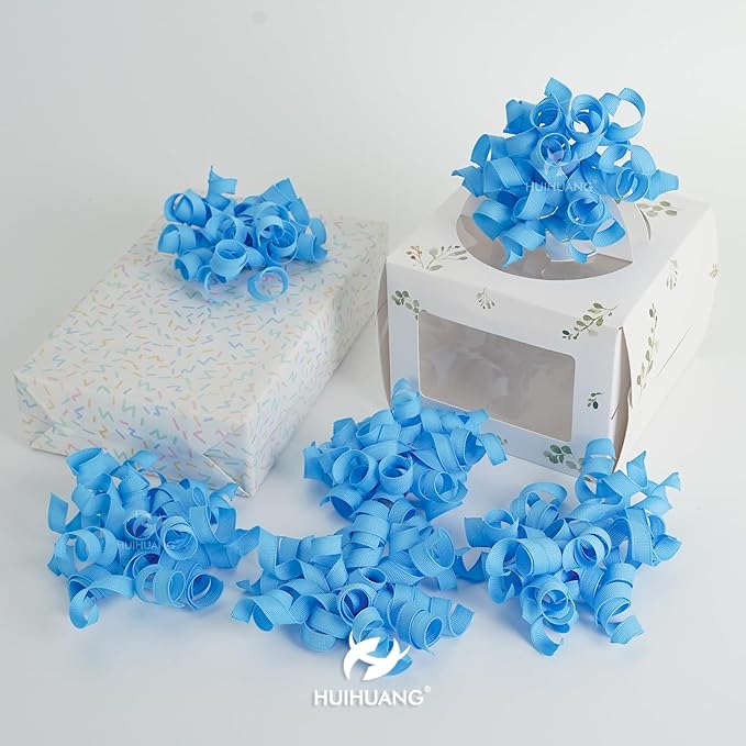 HUIHUANG Baby Blue Bows for Gift Wrapping, Blue Curly Ribbon Bows Self Adhesive Burst Gift Bows for Presents, Wine Bottle, Treat Bags, Wrap Accessories, Baby Shower, Wedding Party Favor - 6 Counts