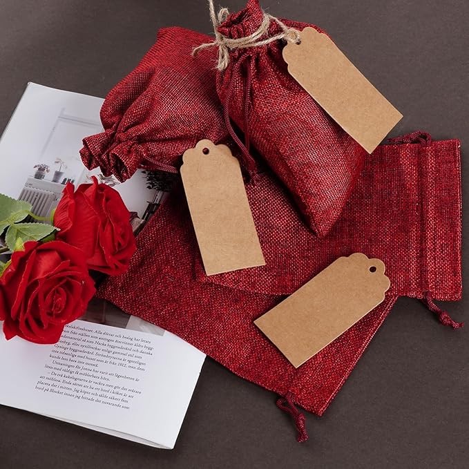 Yymobt 25PCS Burlap Bags with Drawstring, Reusable Burlap Favor Bag 5x7’’ Small Party Sacks for DIY Craft, Party, Christmas, Wedding, Festival Presents Bulk Bags（Red）