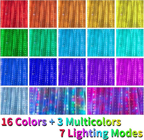 16 Colors Changing Curtain Lights - 250 LED 9.8 X 8.8 FT Fairy String, 7 Modes Twinkle with Remote, Backdrop Wall Hanging Dripping for Bedroom Backyard Halloween Christmas Decor